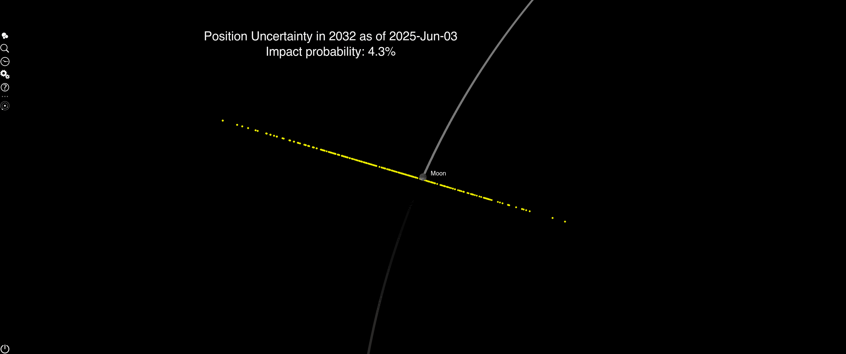 小惑星「2024 YR4」が2032年に月へ衝突する確率はゼロに ウェッブ宇宙望遠鏡が最新データ提供 2 2025年6月と2026年3月にそれぞれ予測された、小惑星2024 YR4の2032年12月22日における予測位置を示したアニメーション画像(Credit: NASA/JPL Center for Near-Earth Object Studies)