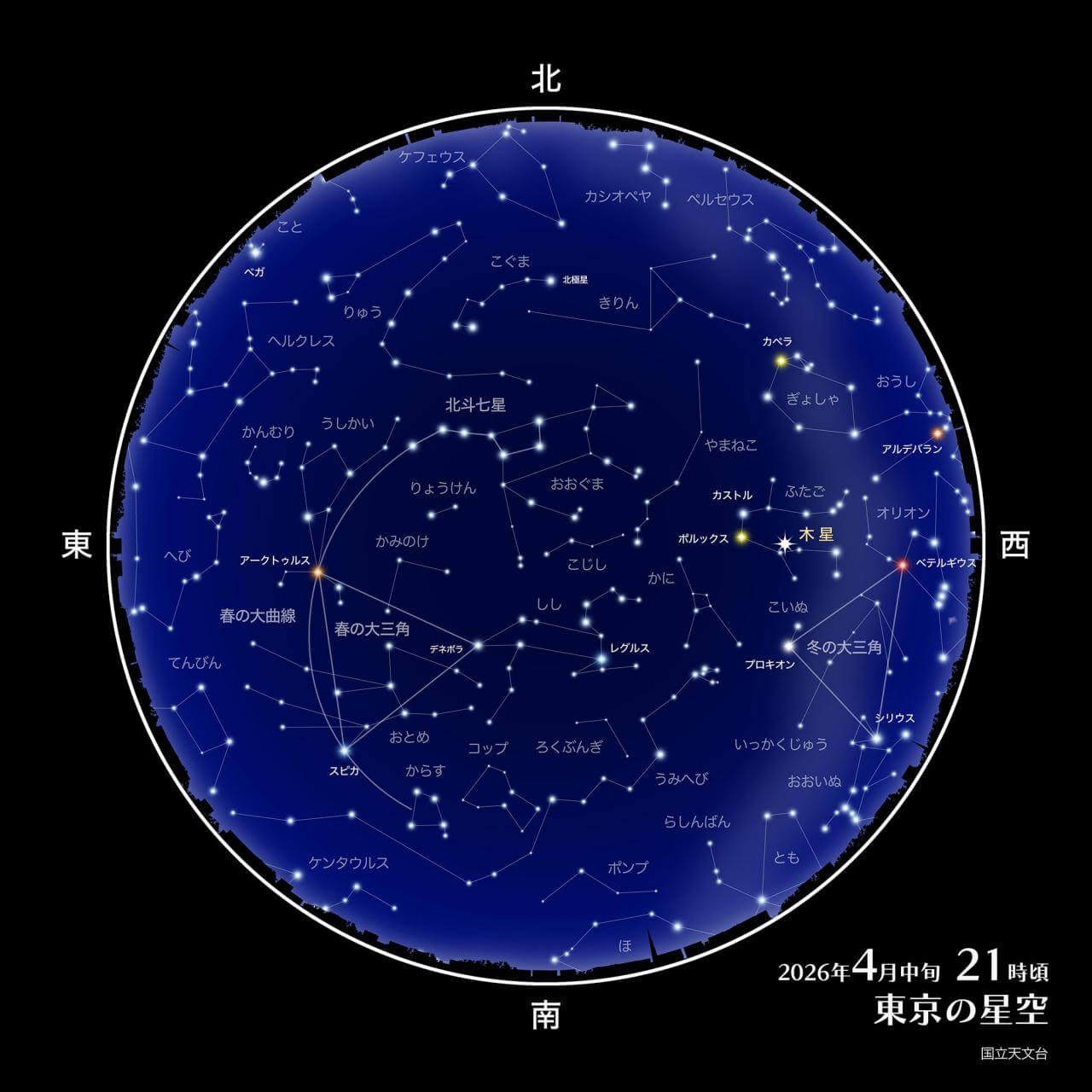 2026年4月の星空情報:夕空に輝く3つの星と巨大な春の星座たちを見よう 2 2026年4月中旬 21時頃の東京の星空(Credit: 国立天文台)