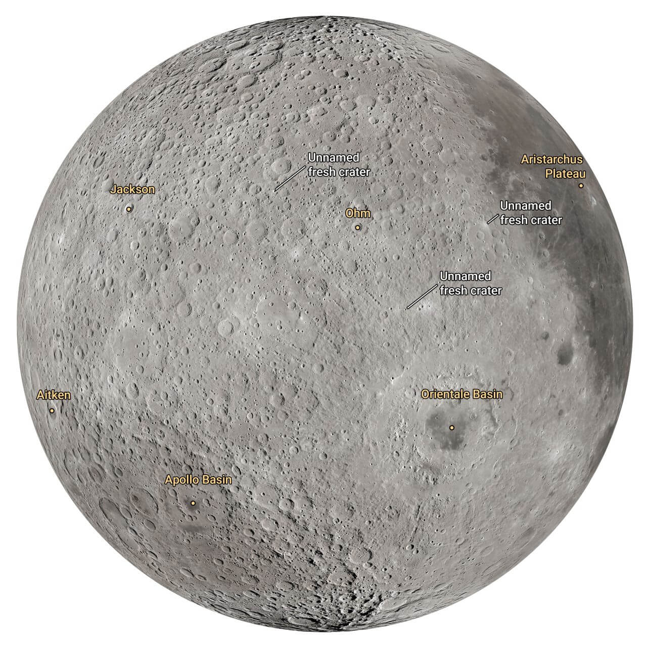 NASA有人月ミッション「アルテミスII」宇宙船が月面に最接近 人類の最遠到達記録も更新 4 Artemis IIミッションのクルーが名前を提案したクレーターの位置を示した図。中央右下のオリエンタル盆地(Orientale Basin、東の海)のすぐ左上にある無名の新しいクレーター(Unnamed fresh crater)にはOrion宇宙船の愛称にちなんだ「Integrity(インテグリティ)」が、その右上にある無名の新しいクレーター(同)にはNASAのReid Wiseman宇宙飛行士の亡き妻の名前にちなんだ「Carroll(キャロル)」が、それぞれ提案された(Credit: NASA)
