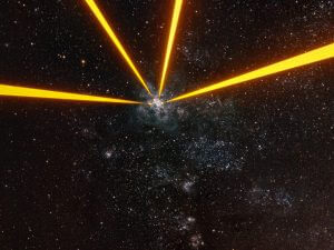 タランチュラ星雲が輝く天空へ向けて照射された4本のレーザービーム　ESOの天文台で撮影