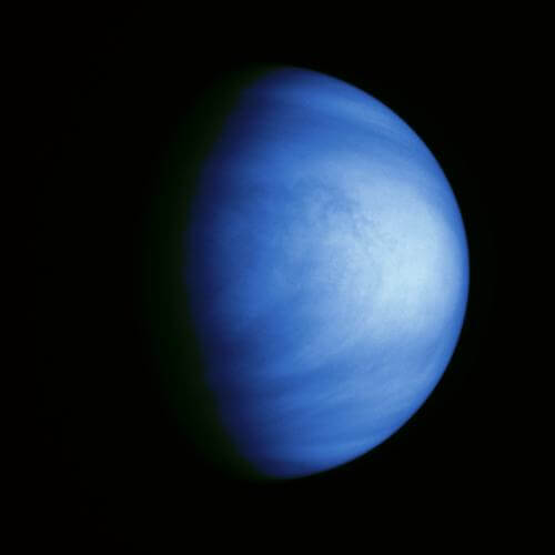 木星探査機「ガリレオ」が1990年2月14日に撮影した金星。バイオレットフィルターで得られた画像に着色処理を施したもの（Credit: NASA/JPL）