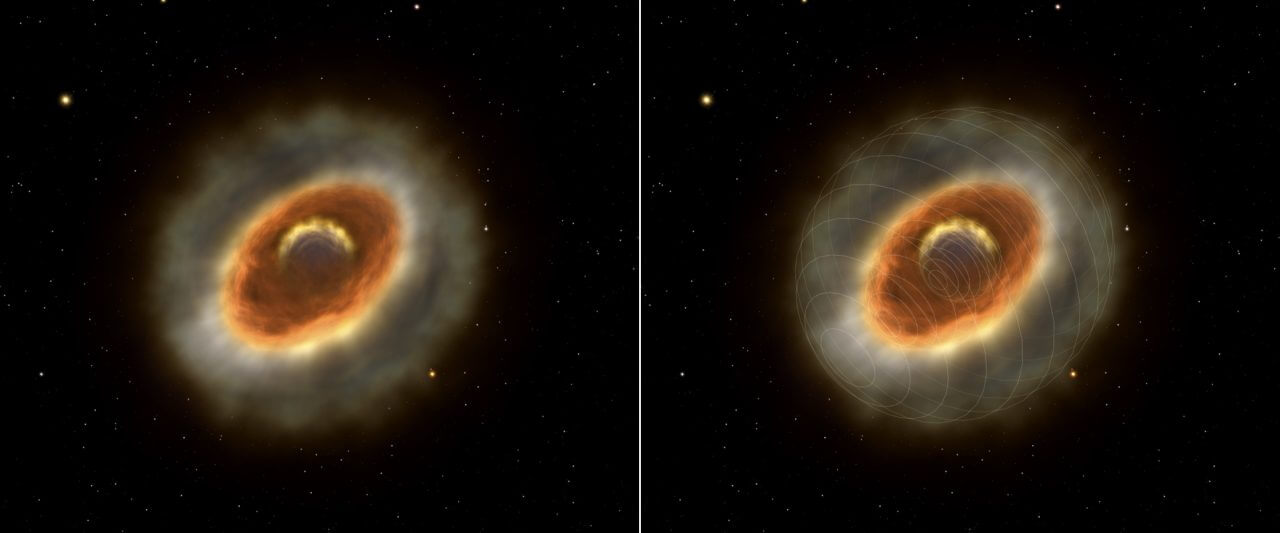 宇宙の時限爆弾「りゅうこつ座イータ星」 恒星風の内部構造を描いた想像図 1 りゅうこつ座イータ星の恒星風の内部構造の想像図。右側には形状の歪みをわかりやすく示すためのグリッド線が重ねられている(Credit: ESO)