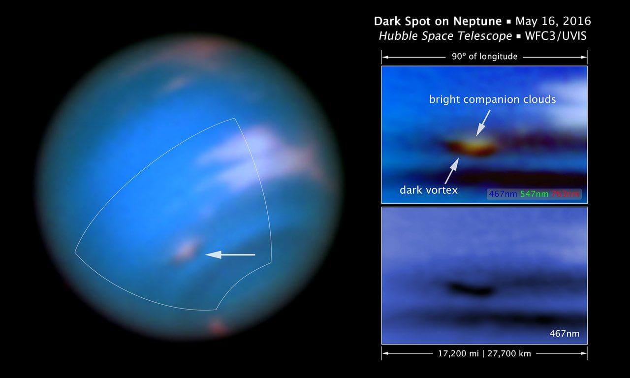 ハッブル宇宙望遠鏡が2016年5月16日に撮影した海王星と暗斑「SDS-2015」の解説画像。左は海王星全体、右上は暗い渦と白い伴雲を示したカラー合成画像、右下は青い波長で見た暗斑の拡大画像（Credit: NASA, ESA, and M.H. Wong and J. Tollefson (UC Berkeley)）