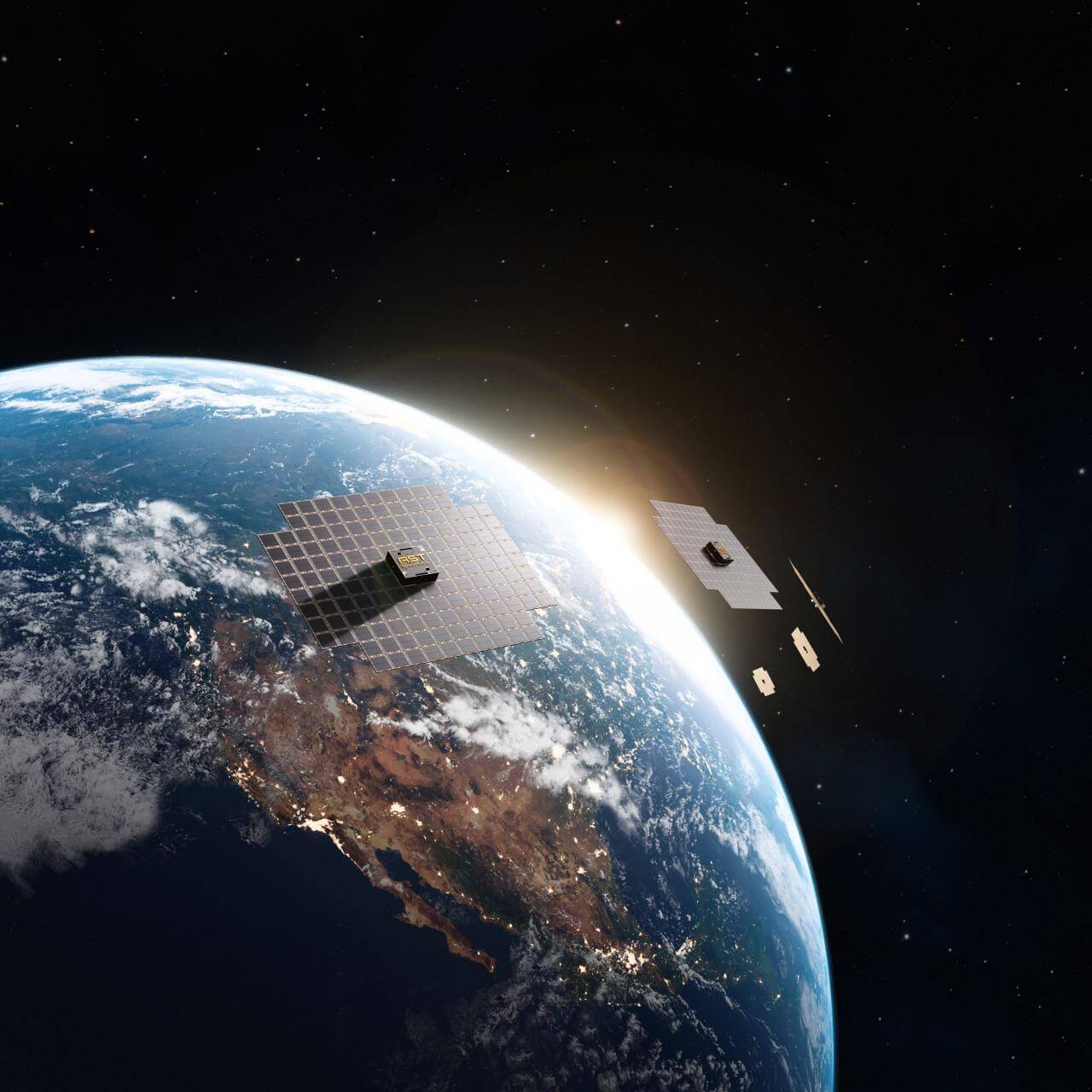 北米上空を飛行する複数のBlueBird衛星のイメージ図(Credit: AST SpaceMobile)