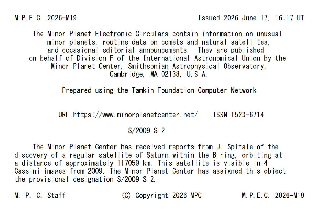 図2: 土星の新たな衛星としてS/2009 S 2を登録したことが書かれた電子回報。通常の電子回報では衛星名の下にデータの項目がありますが、今回は文章のみが書かれています。（Credit: Minor Planet Center）