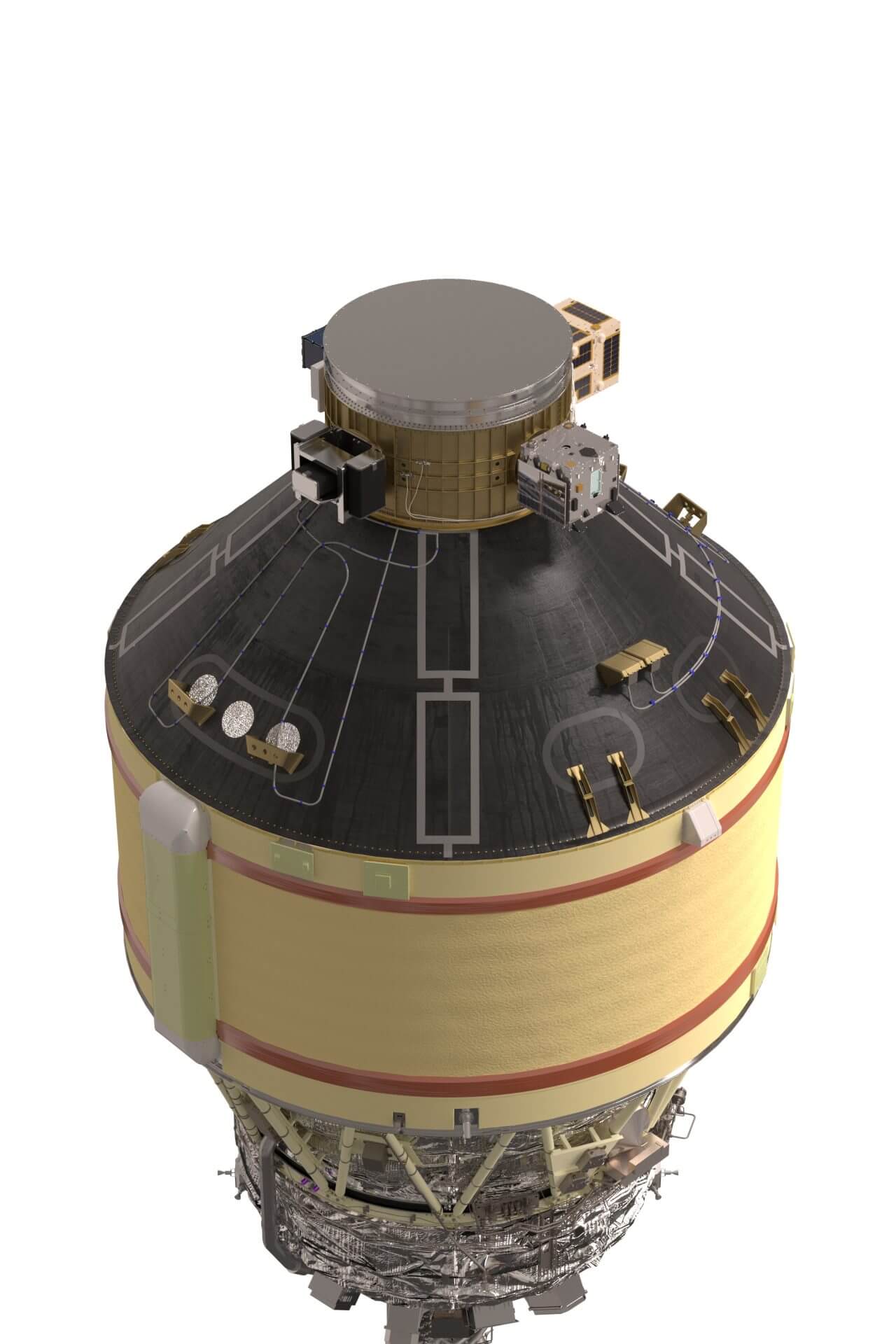 「H3」ロケット6号機（30形態試験機）2段目のCGイメージ。最上部中央の円盤が性能確認用ペイロード（VEP-5）で、その下のアダプタに6機の超小型衛星が搭載されている（Credit: JAXA）