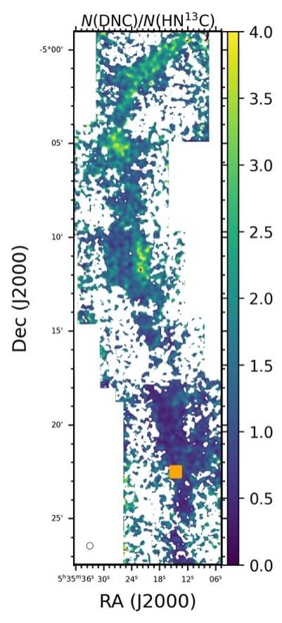 重水素の割合をもとに作成されたオリオン座分子雲の進化地図。色は進化段階を示しており、黄色に近いほど若く、濃紺に近いほど古いことを意味する。画像の上（北）から中央にかけての領域は若く、下（南）の領域は古いことがわかる。画像下側のオレンジ色の四角は、オリオン大星雲の中心にあるKL星雲の位置を示している（Credit: 国立天文台野辺山宇宙電波観測所）