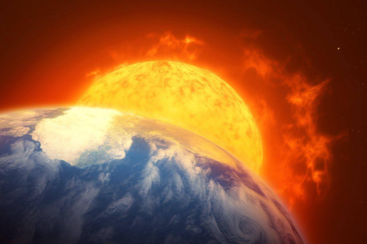 地球付近から見た赤色巨星となった太陽 数十億年後を描いた想像図