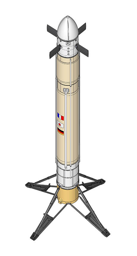 JAXAの小型実験機「RV-X」が約40秒の飛行試験を実施 基幹ロケット再使用化への新たな一歩 6 1段再使用飛行実験「CALLISTO」実験機の着陸時の形態を示した図(Credit: JAXA)