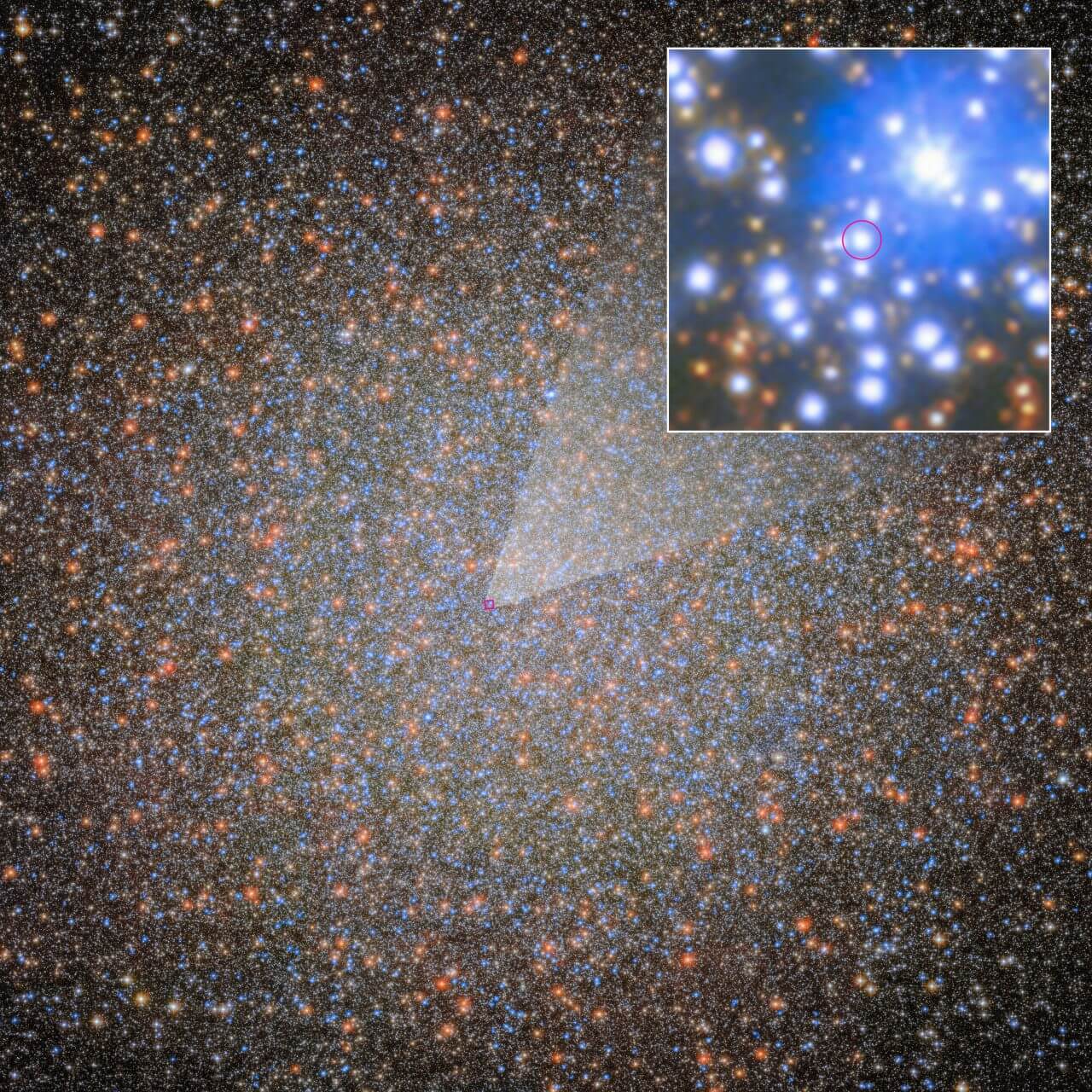球状星団「オメガ・ケンタウリ」で初めて恒星質量ブラックホールを発見 1 ハッブル(Hubble)宇宙望遠鏡が観測した球状星団「オメガ・ケンタウリ」(背景)と、分析の対象になった主系列星(赤い丸印)周辺の拡大図(右上)(Credit: ESA/Hubble & NASA, M. Häberle (MPIA))