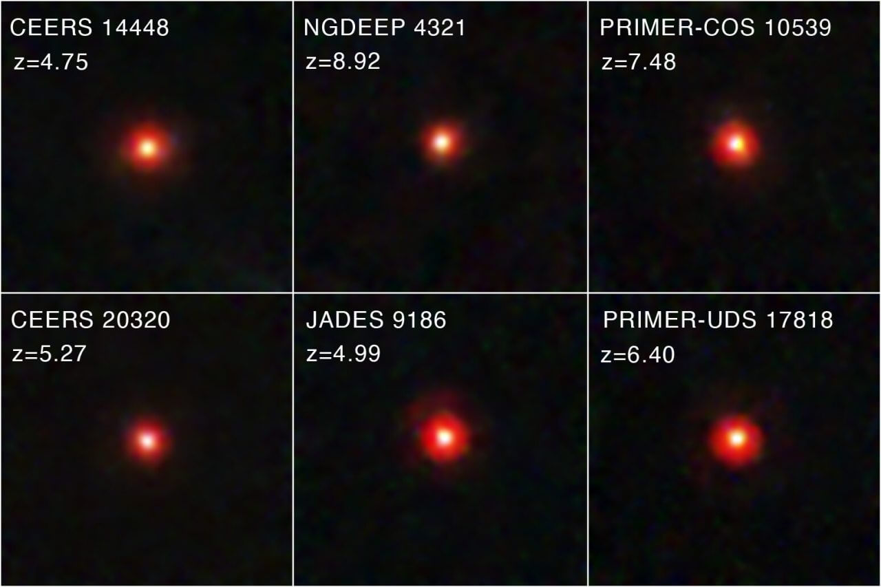 ジェームズ・ウェッブ（James Webb）宇宙望遠鏡が観測したリトル・レッド・ドットの例（Credit: NASA, ESA, CSA, STScI, D. Kocevski (Colby College)）