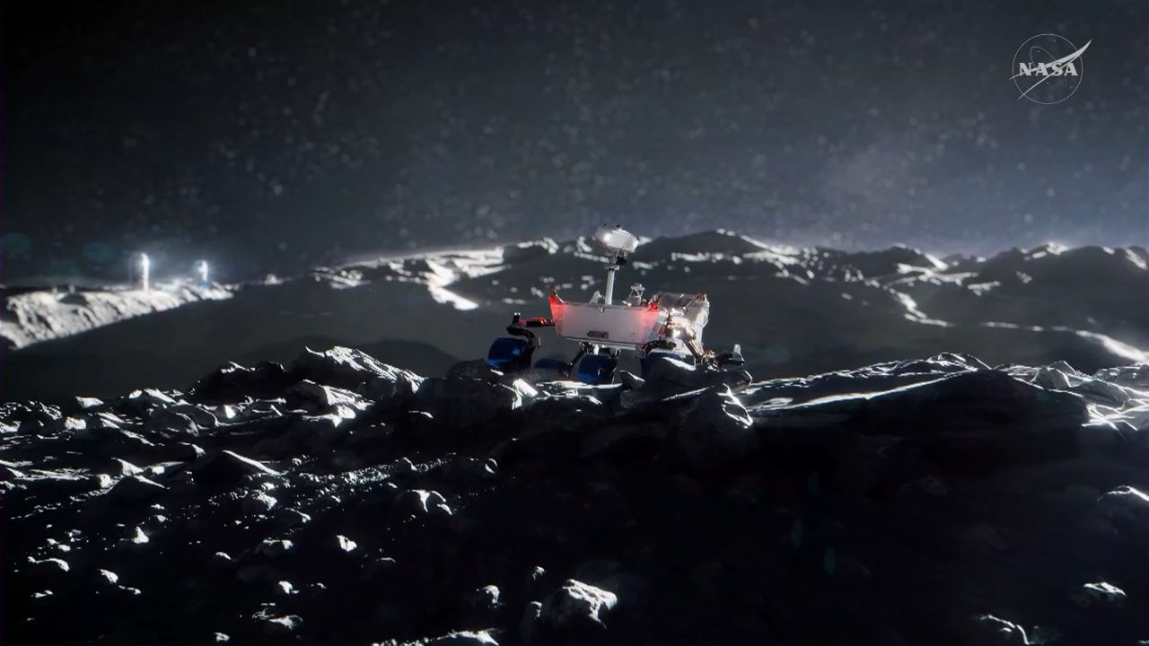 月の南極域で探査を行う大型探査車「PROMISE」のCGイメージ。NASAの公式ライブ配信から引用（Credit: NASA）