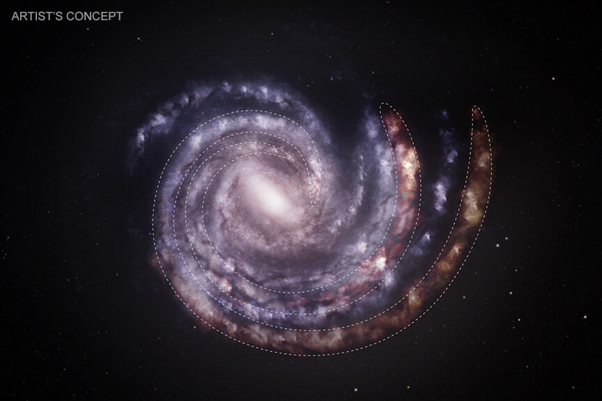 今回の研究成果を受けて作成された天の川銀河の想像図（NASAチャンドラX線宇宙望遠鏡のウェブサイトで公開されたバージョン）。これまで予想されていた渦巻腕の広がり方と、今回の研究で示された広がり方（破線で囲まれている部分）を同時に描いている（Credit: NASA/CXC/SAO/M.Weiss）