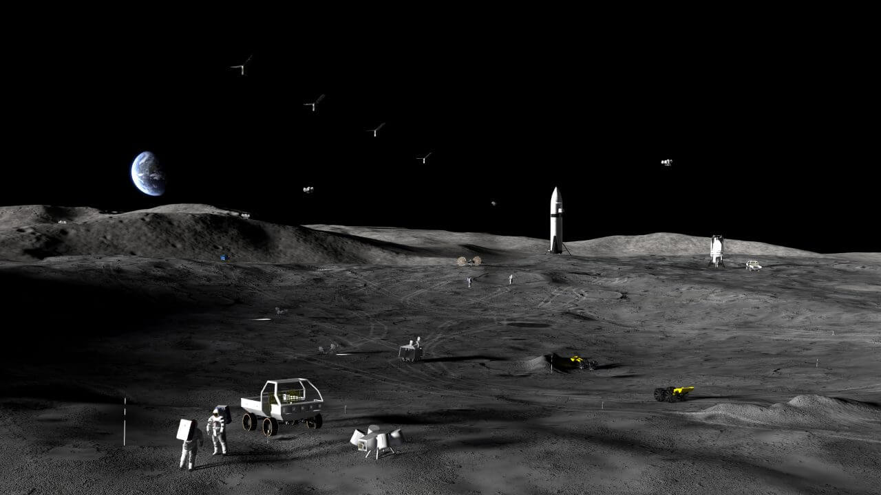 NASAの月面基地計画におけるフェーズ1のイメージ図。長期滞在用の居住棟はまだ存在せず、有人・無人の着陸船や非与圧型の有人探査車などが描かれている（Credit: NASA）
