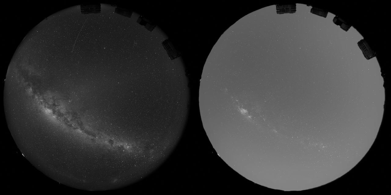 合計170万機以上の衛星打ち上げ計画に天文学者が警鐘 「天文学にとって壊滅的な結果に」 3 Reflect Orbitalの反射鏡衛星5万機が軌道に投入された場合の、VLT上空のシミュレーション結果。左は2026年5月16日に撮影された実際の夜空で、右はすべての反射鏡衛星が展開された状況を再現したもの。直接照射されることはなくとも、拡散光と散乱光によって夜空全体が3~4倍の明るさになる可能性が指摘されている(Credit: ESO/O. Hainaut)