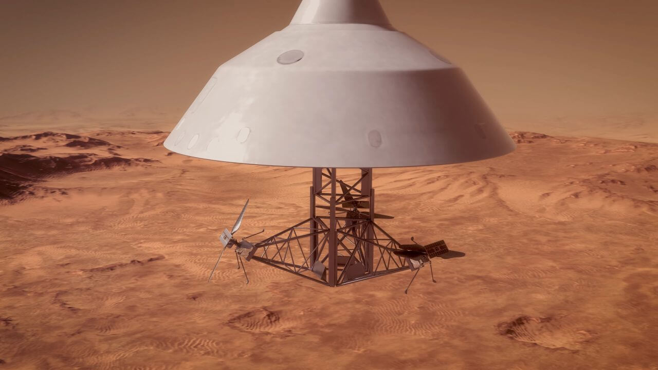 NASA火星探査ミッション「スカイフォール」のエアロシェル製造でファイアフライが契約受注 3 火星の大気中で小型ヘリコプターを放出するSkyFallミッションのコンセプト(Credit: NASA/JPL-Caltech)