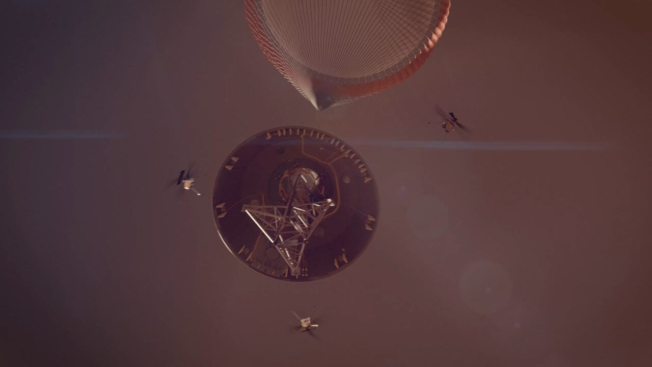 NASA火星探査ミッション「スカイフォール」のエアロシェル製造でファイアフライが契約受注 4 火星の大気中で小型ヘリコプターを放出するSkyFallミッションのコンセプト(Credit: NASA/JPL-Caltech)