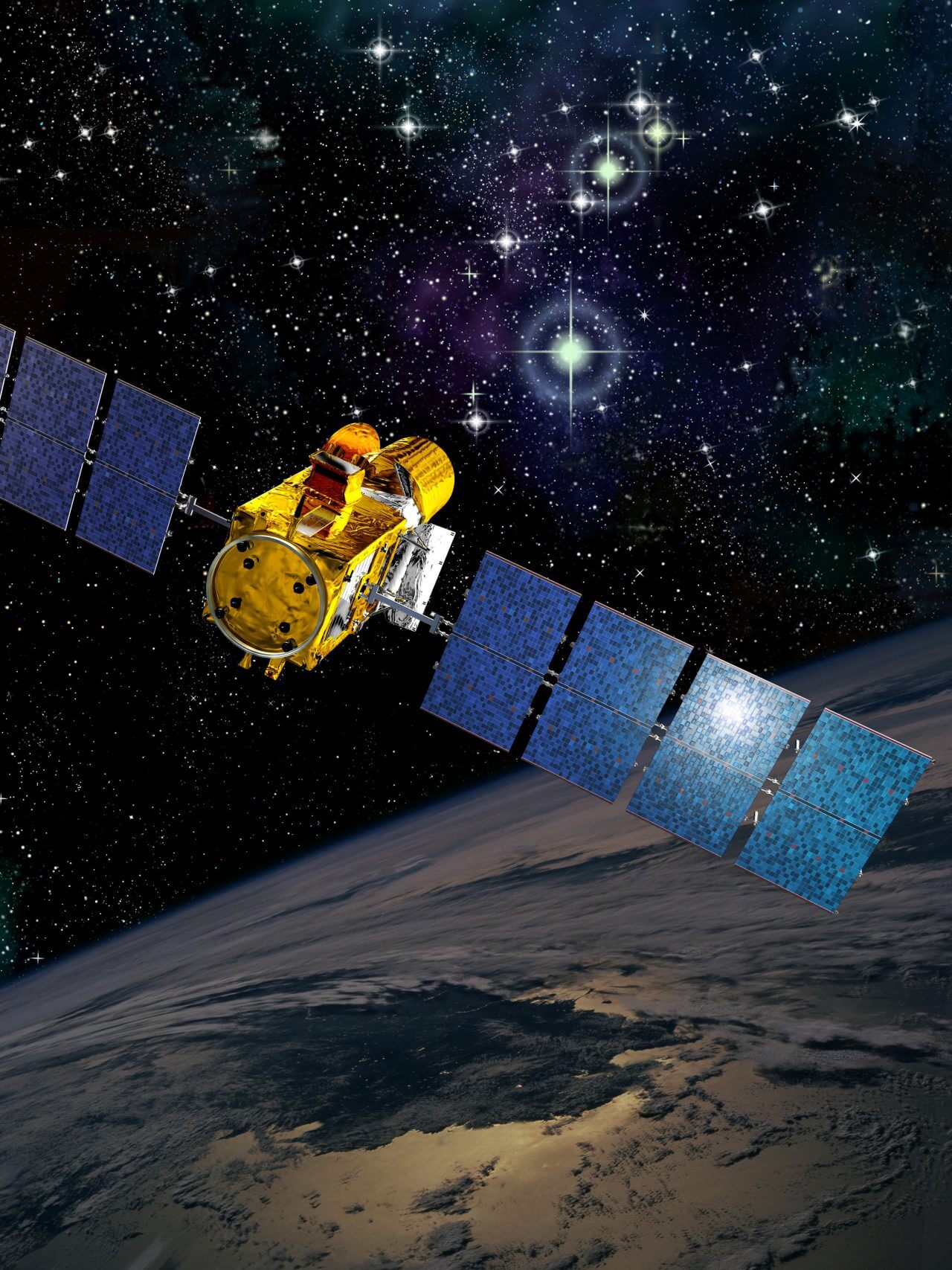 図5:CNES(フランス国立宇宙センター)がESA(ヨーロッパ宇宙機関)などと協力して開発した宇宙望遠鏡「コロー(CoRoT)」。2006年に打ち上げられたこの望遠鏡は、太陽系外惑星の探索に加えて星震の観測をも目的としていました。(Credit: D. Ducros (CNES) / ESA)
