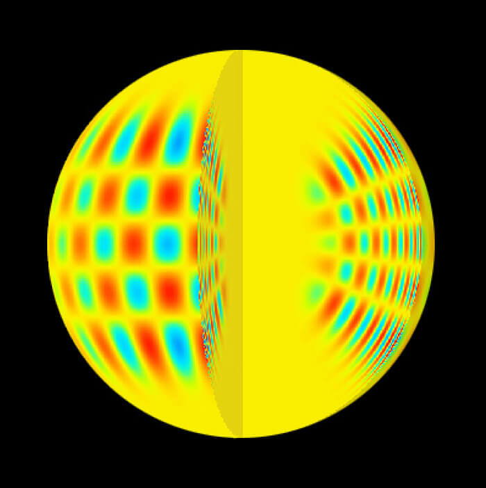 図9:星震の振動パターン(モード)も弦の振動と同様に、ある意味では数学的に決定されます。図は星の振動モードを模式化したもの。実際には星の温度や密度を反映して、膨大なモードが重なった振動として観測されます。(Credit: ESO)
