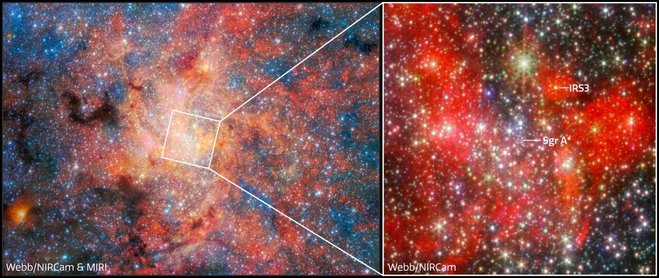 ジェームズ・ウェッブ（James Webb）宇宙望遠鏡が観測した天の川銀河の中心部（左）と、AGB星「IRS 3」の位置を示した拡大画像（右）（Credit: ESA/Webb, NASA & CSA, F. Peißker, J. Lu, F. Yusef-Zadeh, N. B. Sabha, C. Chan）