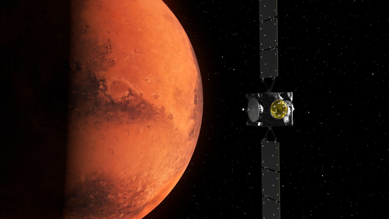 火星の衛星「ダイモス」の巨大な窪地と滑らかな表面はたった1回の衝突で形成された? 3 火星スイングバイを実施する「Hera(ヘラ)」探査機の想像図(Credit: ESA-Science Office)