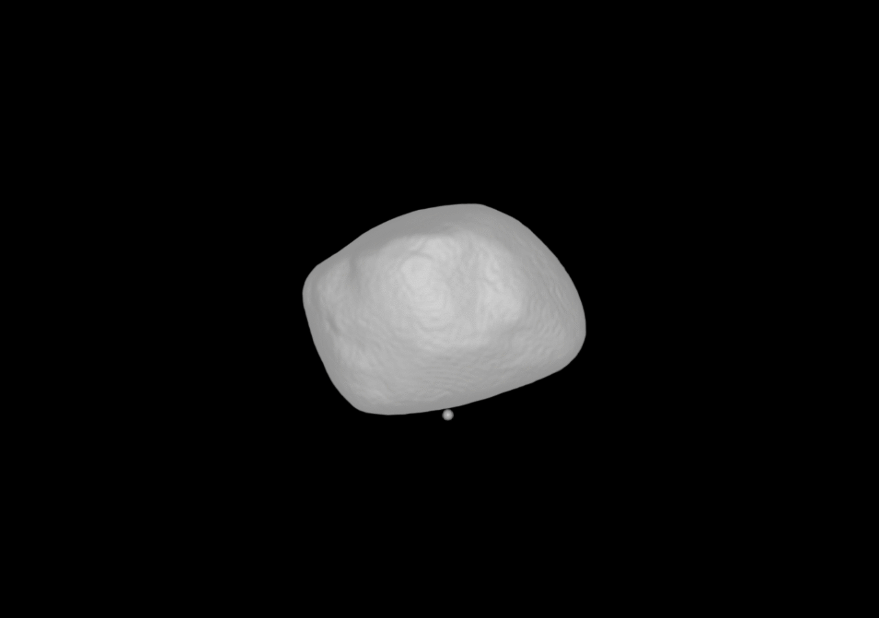 火星の衛星「ダイモス」の巨大な窪地と滑らかな表面はたった1回の衝突で形成された? 2 ダイモスにおける衝突シミュレーションのアニメーション画像。衝突によってダイモスの南極に巨大な窪地が形成されるとともに、巻き上げられたレゴリスが再堆積(黄色)したことで滑らかな表面が形成された可能性が示された(Credit: S.D. Raducan)