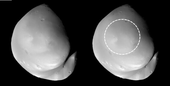 火星の衛星「ダイモス」の巨大な窪地と滑らかな表面はたった1回の衝突で形成された? 4 Hera(ヘラ)チームのBrian May(ブライアン・メイ)氏が作成したダイモスのステレオグラム。破線の丸はレゴリスに埋もれている窪地の場所を示している(Credit: S. D. Raducan, B. May/London Stereoscopic Company)