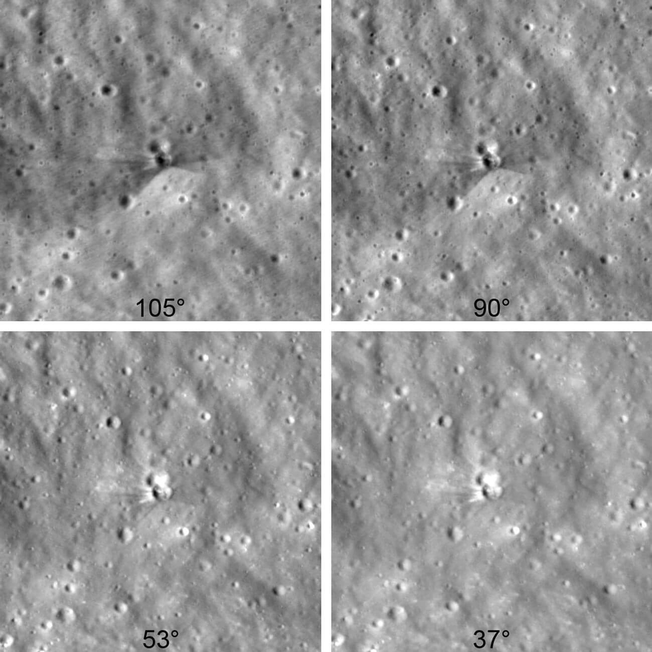 さまざまな位相角で撮影されたファルコン9上段の衝突地点（Credit: NASA/GSFC/Intuitive Machines）