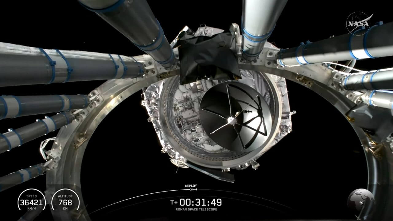 ファルコンヘビー（Falcon Heavy）ロケットの2段目から分離したナンシー・グレース・ローマン（Nancy Grace Roman）宇宙望遠鏡。NASAの公式ライブから引用（Credit: NASA）
