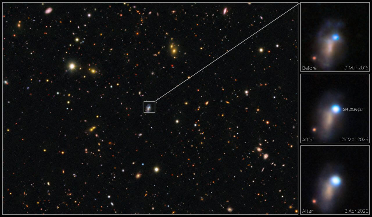 超新星「SN 2026gzf」で爆発最初期の閃光を観測 大質量星の最期は単純ではない? 2 ビクター・M・ブランコ4m望遠鏡(セロ・トロロ汎米天文台、チリ)の観測装置「DECam(ダークエネルギーカメラ)」で観測した超新星「SN 2026gzf」の周辺と爆発前後の様子(Credit: CTIO/NOIRLab/DOE/NSF/AURA; Image Processing: D. de Martin & M. Zamani (NSF NOIRLab))