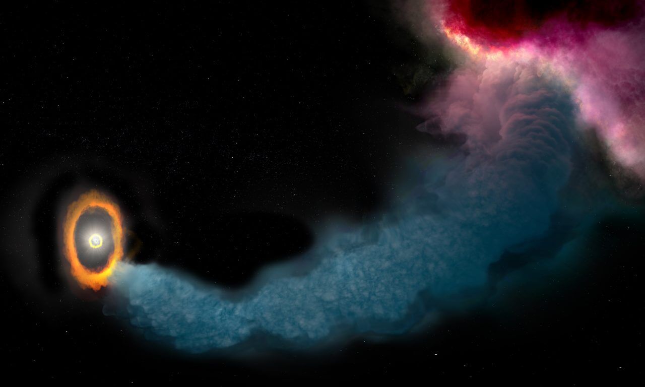 若き三重連星「オリオン座GW星」へと続く巨大なガスの流れ　その長さは約1万2000天文単位