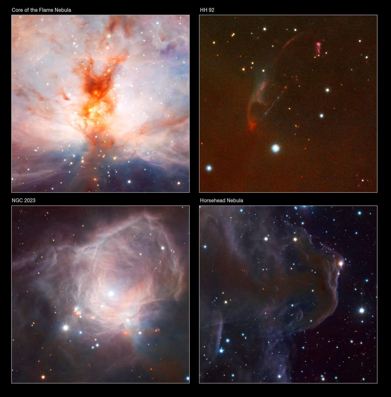 ゆらめく炎のような散光星雲 赤外線で観測した“火炎星雲”ことオリオン座の「NGC 2024」 2 NGC 2024や周辺の注目すべき天体の拡大画像。左上:NGC 2024の中心部。右上:若い星の周囲にみられるハービッグ・ハロー天体のひとつ「HH 92」。左下:反射星雲「NGC 2023」。右下:暗黒星雲「馬頭星雲」(Credit: ESO/J. Emerson/VISTA. Acknowledgment: Cambridge Astronomical Survey Unit)