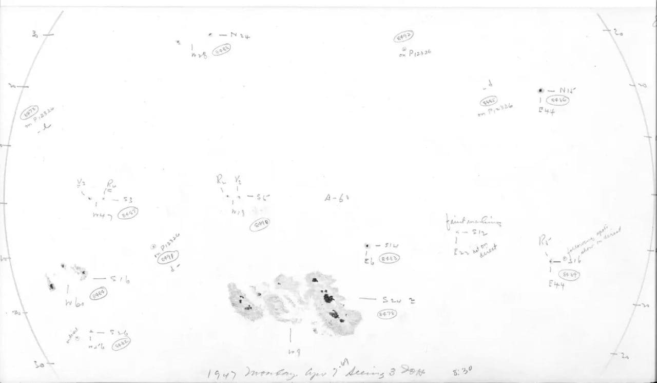 1947年4月に出現した太陽黒点のスケッチ（Credit: Mount Wilson Observatory）