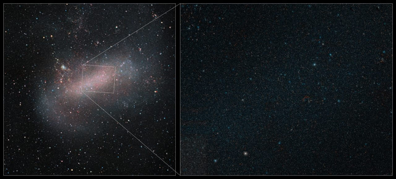 16万光年先で輝く星々 赤外線で観測した「大マゼラン雲」中心部のクローズアップ 2 ESOのVISTA望遠鏡が観測した大マゼラン雲(左)と中心部のクローズアップ(右)(Credit: ESO/M.-R. Cioni et al.)