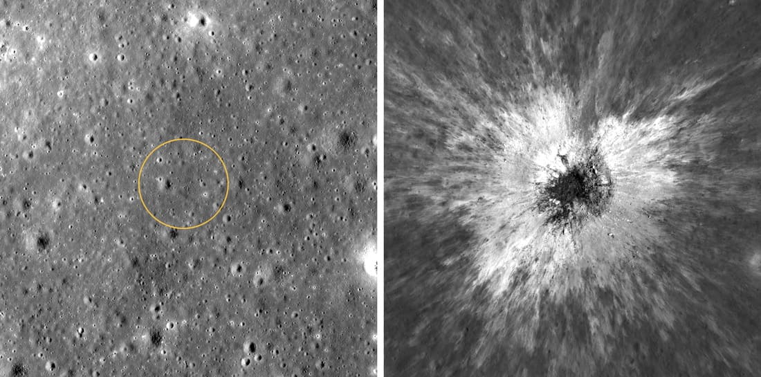 2024年に形成された直径約222mの新しいクレーターを月で発見 衝突の痕跡は100km以上先まで 2 McGetchinクレーターの形成前(左)と形成後(右)の同一地点を比較した図(Credit: NASA/GSFC/Intuitive Machines)
