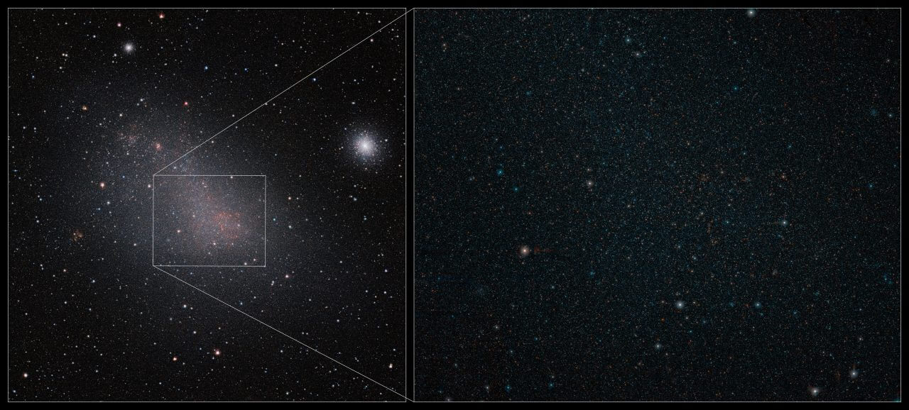 16万光年先で輝く星々 赤外線で観測した「大マゼラン雲」中心部のクローズアップ 3 ESOのVISTA望遠鏡が観測した小マゼラン雲(左)と中心部のクローズアップ(右)(Credit: ESO/M.-R. Cioni et al.)
