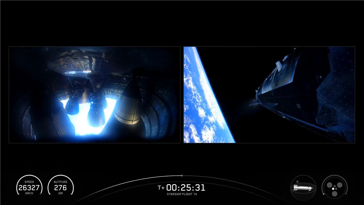 初の地球周回軌道投入噴射を行うStarship(スターシップ)宇宙船。SpaceXのライブ配信から(Credit: SpaceX)