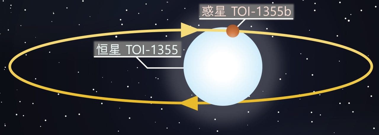 太陽系外惑星「TOI-1355 b」の軌道を示した図。地球からは主星である恒星「TOI-1355」の縁をかすめるように見える角度となっている。東京大学のプレスリリースから引用(Credit: 東京大学)