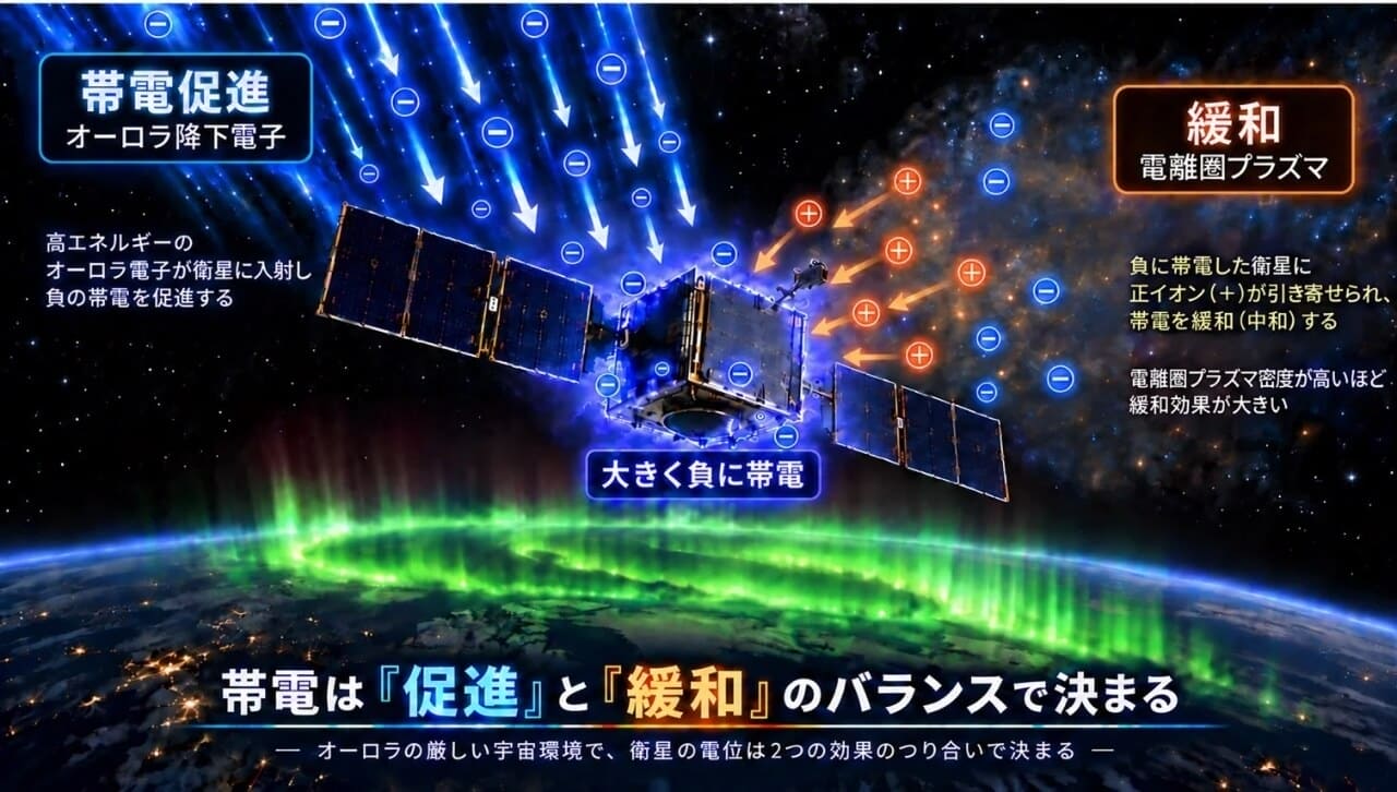 研究で明らかになった人工衛星表面帯電の仕組みを示したイラスト。生成AIを用いて作成されたもの（Credit: 九州工業大学）