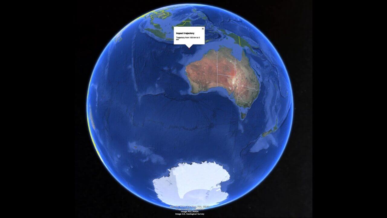 図3: 2026 RW1の落下予想地点。最寄りの陸地は数百km離れており、海に落下したことが分かります。（Credit: ESA）