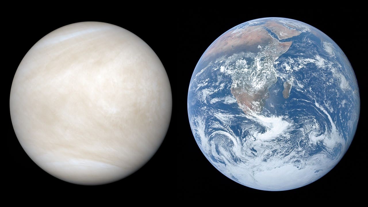 図1: 金星と地球の大きさの比較。大きさがよく似ていることから “兄弟星” とたとえられることがあります。(Credit: JAXA, ISAS, DARTS & Kevin M. Gill(金星) / NASA(地球) / 作成: 彩恵りり)
