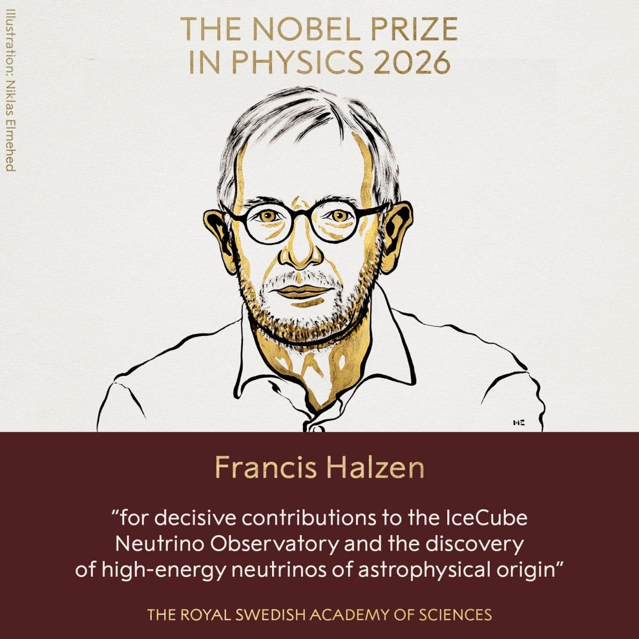 図4: 今回ノーベル物理学賞を受賞したフランシス・ルイ・ハルツェン氏(Credit: Nobel Prize Outreach / Illustration: Niklas Elmehed)