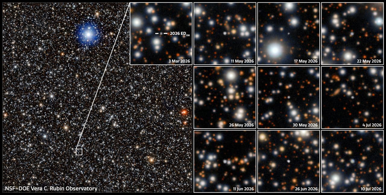 ベラ・ルービン天文台が2026年3月4日~7月11日にかけて取得した観測データから、準惑星候補「2026 ED138」を中心とした部分をトリミングして並べた図。無数の星々を背景に写っていることがわかる(Credit: NSF–DOE Vera C. Rubin Observatory/NOIRLab/SLAC/AURA; Image Processing: M. Jurić (UW), D. de Martin & M. Zamani (NSF NOIRLab))