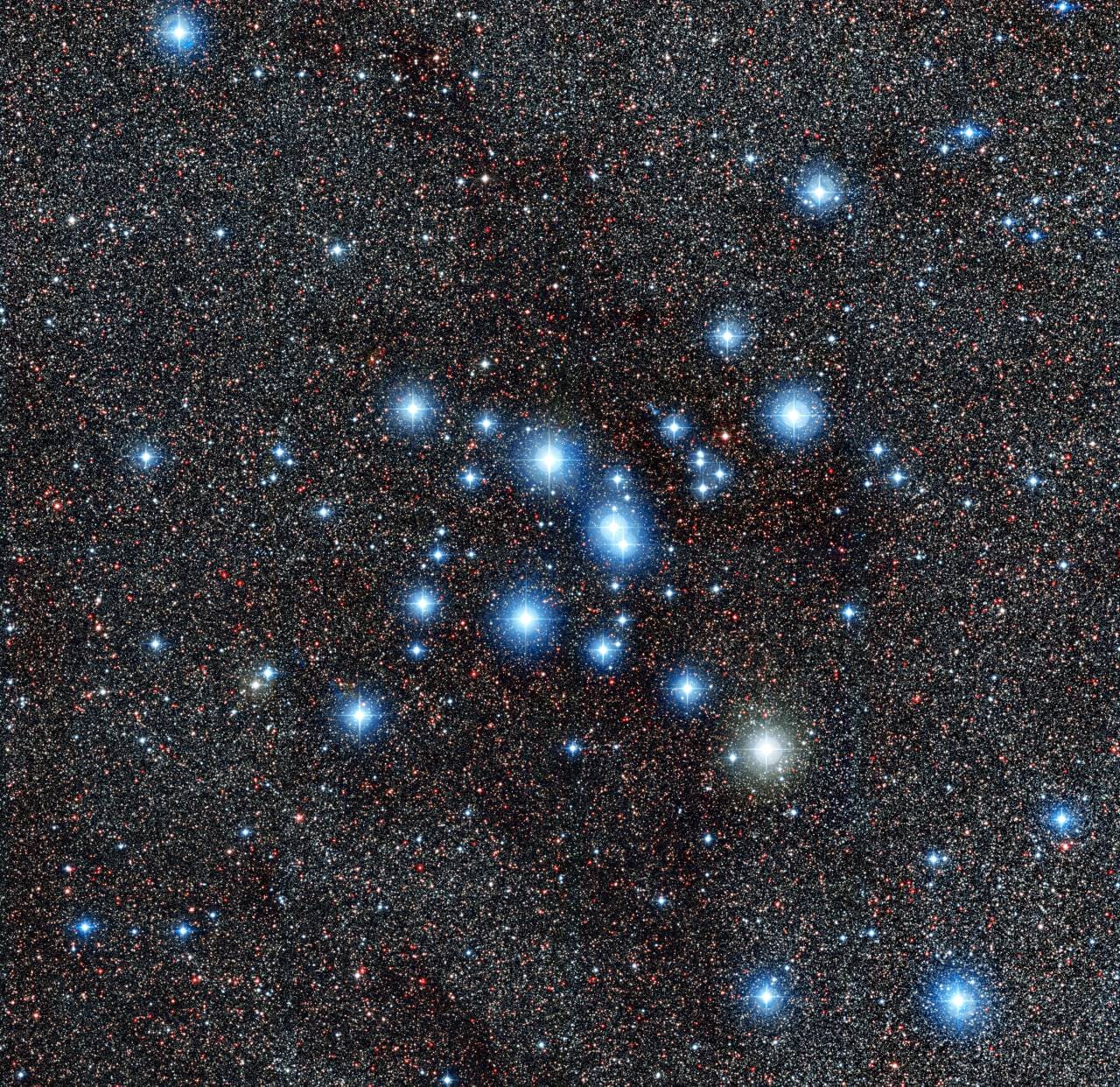さそり座の方向、約800光年先にある散開星団「M7」。背景には数十万個もの星が写っています(Credit: ESO)