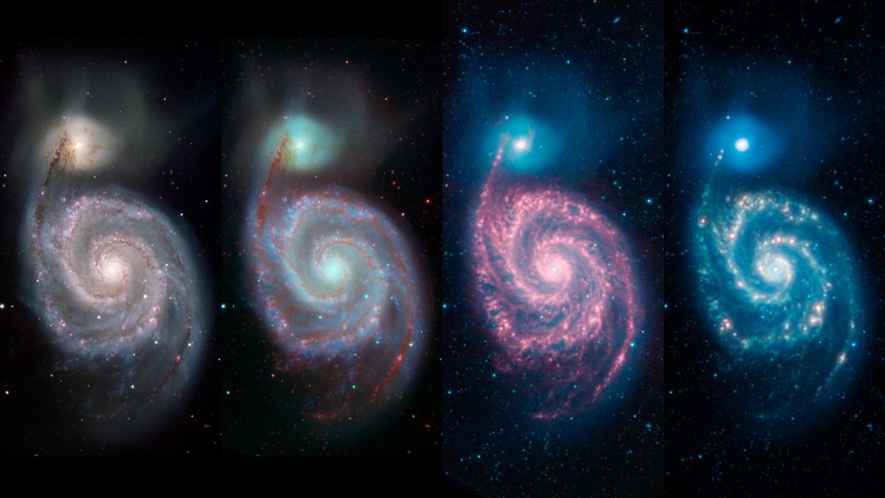 キットピーク国立天文台の2.1m望遠鏡とスピッツァー（Spitzer）宇宙望遠鏡が観測した渦巻銀河「M51」。画像の作成に使われた観測データは左から順に「キットピーク2.1mの0.4μm（青）と0.7μm（緑）」「キットピーク2.1mの可視光線データ（青、緑）とスピッツァーの赤外線データ（黄、赤）」「スピッツァーの3.6μm（青）、4.5μm（緑）、8.0μm（赤）」「スピッツァーの3.6μm（青）、8.0μm（緑）、24μm（赤）」（Credit: NASA/JPL-Caltech）