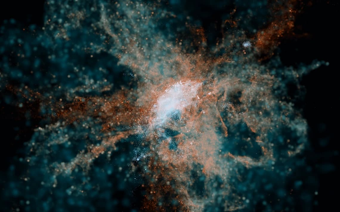 シミュレーションをもとに描かれた、ビッグバンから数億年後の初期宇宙に存在した銀河と、その周囲に存在した重元素を含むガスの様子（Credit: Yongda Zhu）