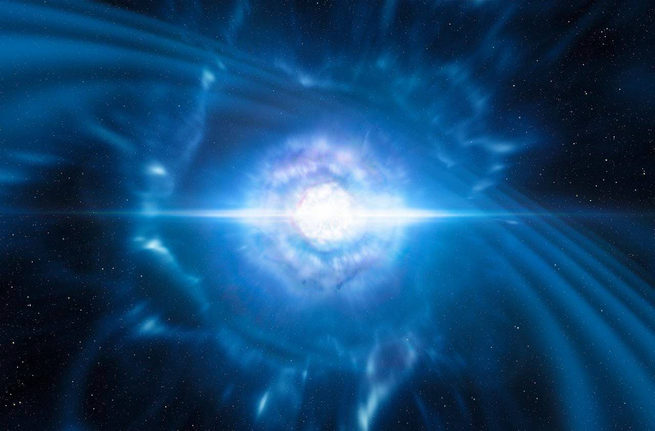 地球10個分以上の「金」を生んだ？　合体する中性子星の想像図