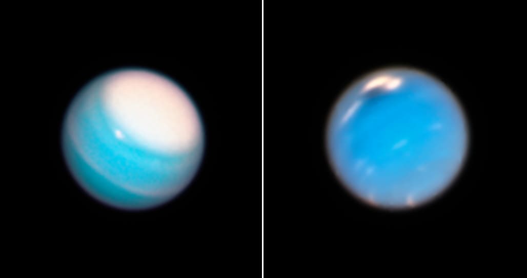 ハッブル(Hubble)宇宙望遠鏡が観測した天王星(左)と海王星(右)(Credit: NASA, ESA, Amy Simon (NASA-GSFC), Michael Wong (UC Berkeley), Andrew Hsu (UC Berkeley))