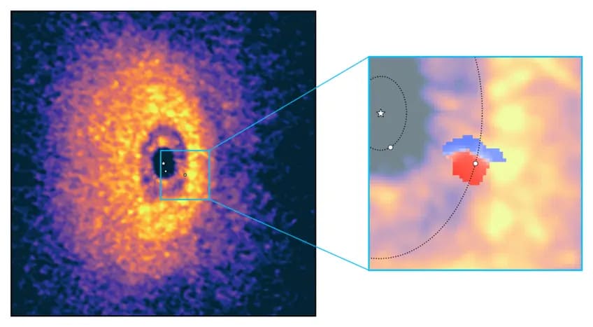 左はアルマ望遠鏡で観測したWISPIT 2の原始惑星系円盤の様子。右はその一部を拡大したもので、青は観測者(地球)に向かって動くガス、赤は観測者から遠ざかるように動くガス、白丸と点線はWISPIT 2bおよびWISPIT 2cの位置と軌道を示している(Credit: M. Benisty, MPIA / ALMA)